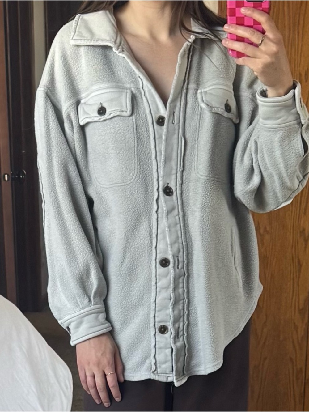 Light Gray oversized Fleece Button-Up Shacket Jacket